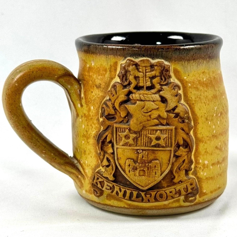Studio Pottery Stoneware Mug Kenilworth UK Coat of Arms Mustard Brown Glazed
